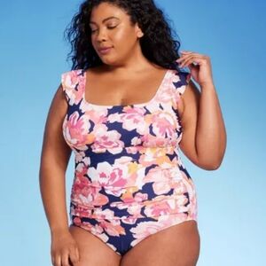 Kona Sol Women's Full Coverage Floral Print Ruffle Sleeve One Piece Swimsuit